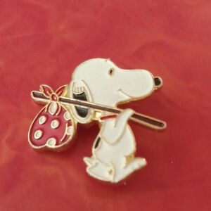 Aviva Signed Snoopy Enamel Pin with Red Polka Dot Bag, 1970's Brooch